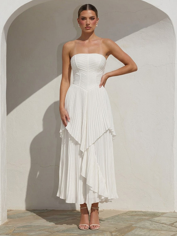 Chiffon A-Line Strapless Long Evening Dresses with Pleated