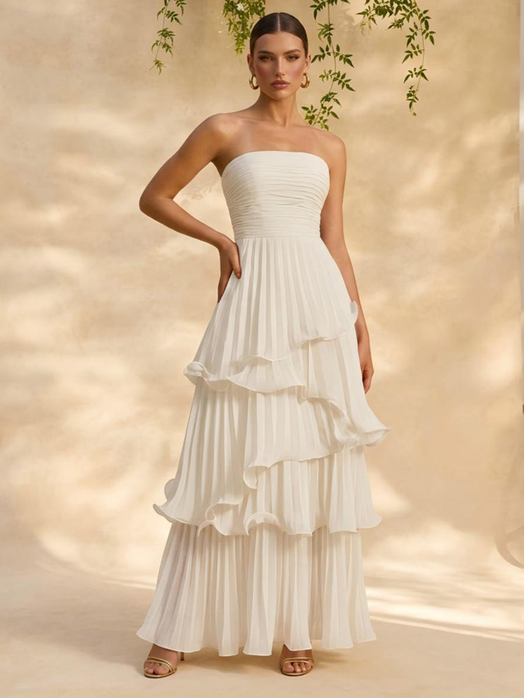 Chiffon A-Line Strapless Long Evening Dresses with Pleated