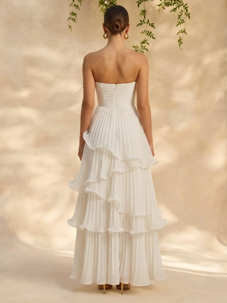 Chiffon A-Line Strapless Long Evening Dresses with Pleated