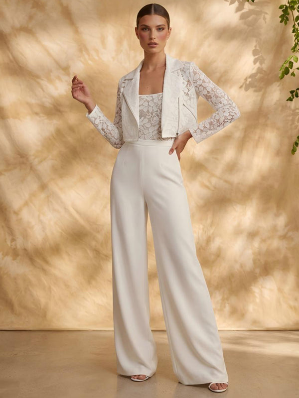 Satin Jumpsuit Square Neck Long Evening Dresses with Lace Applique
