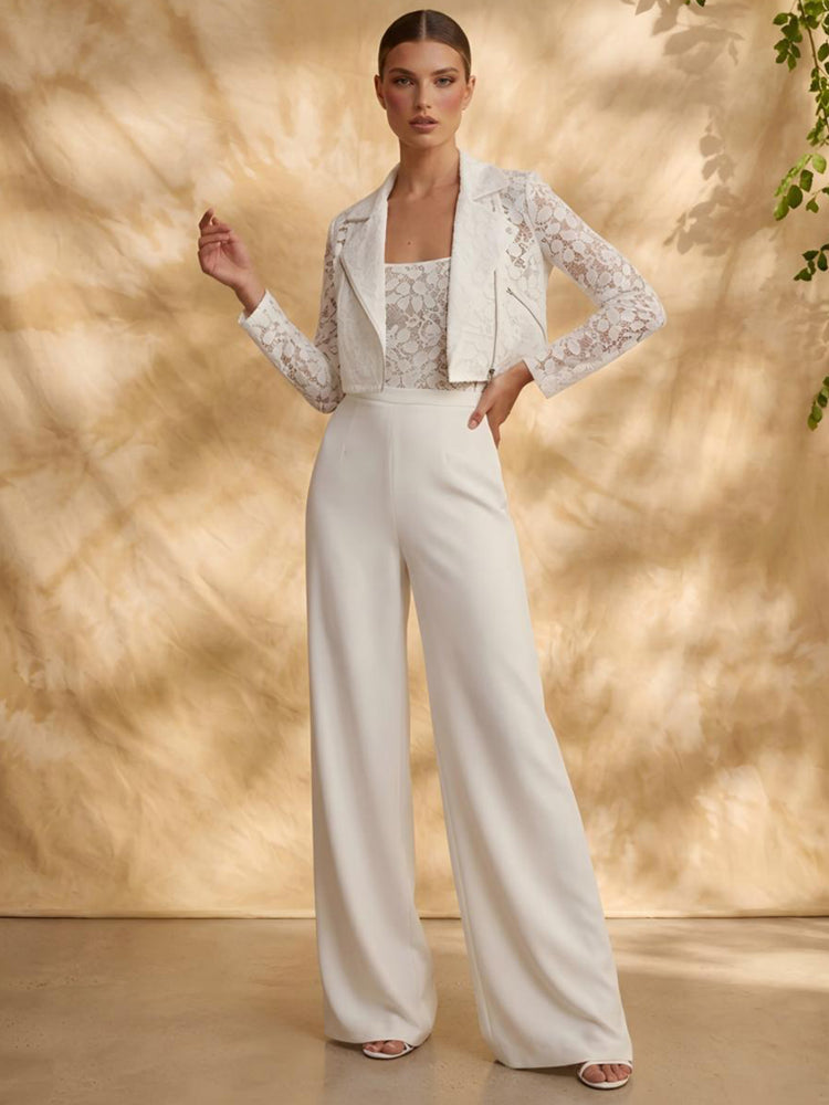 Satin Jumpsuit Square Neck Long Evening Dresses with Lace Applique