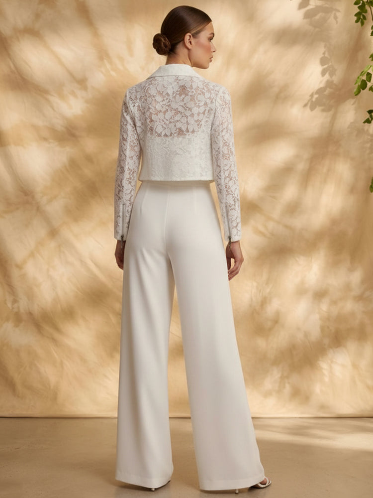 Satin Jumpsuit Square Neck Long Evening Dresses with Lace Applique