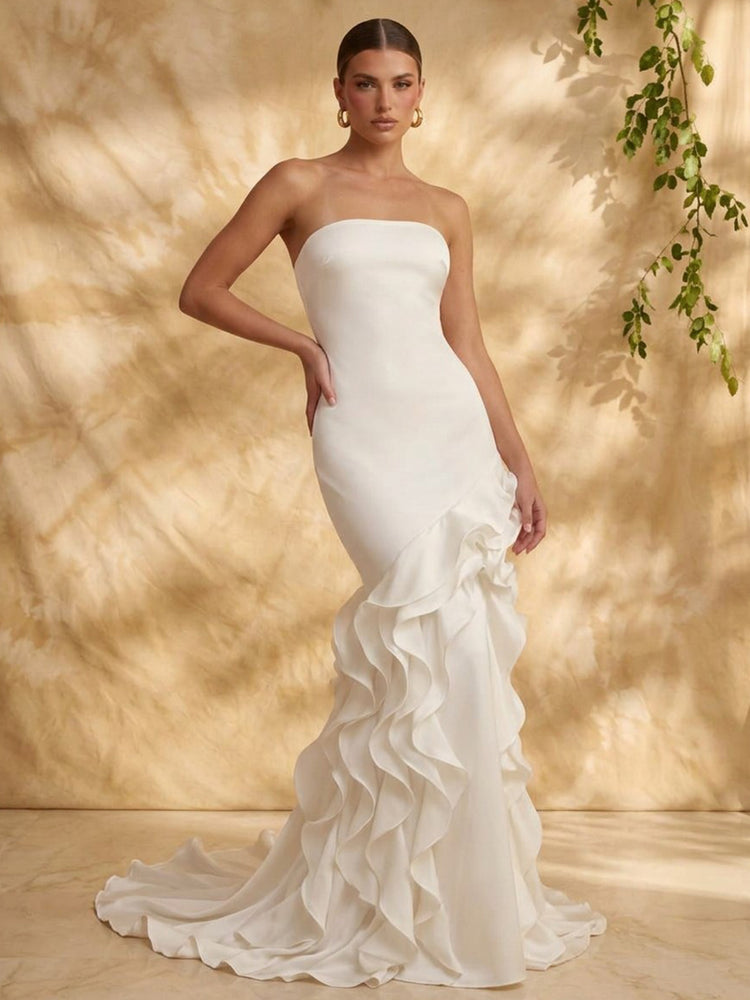 Satin Mermaid Strapless Long Evening Dresses with Ruffles