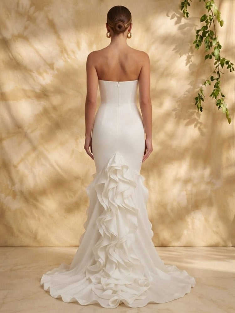 Satin Mermaid Strapless Long Evening Dresses with Ruffles