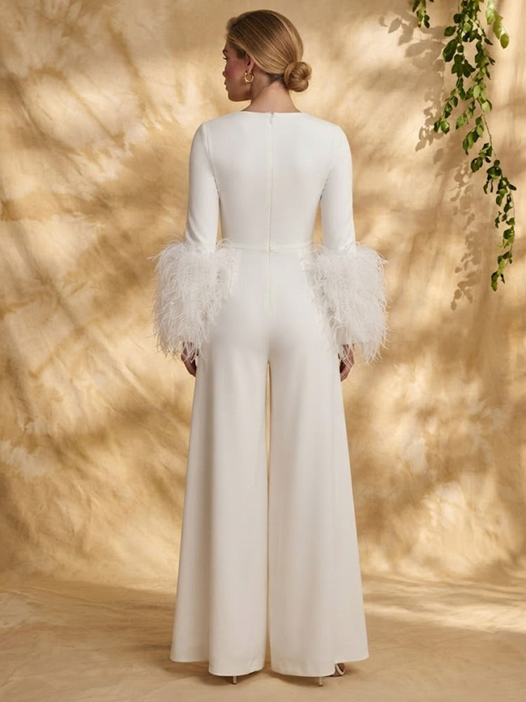 Satin Jumpsuit Boat Neck Long Evening Dresses with Feather