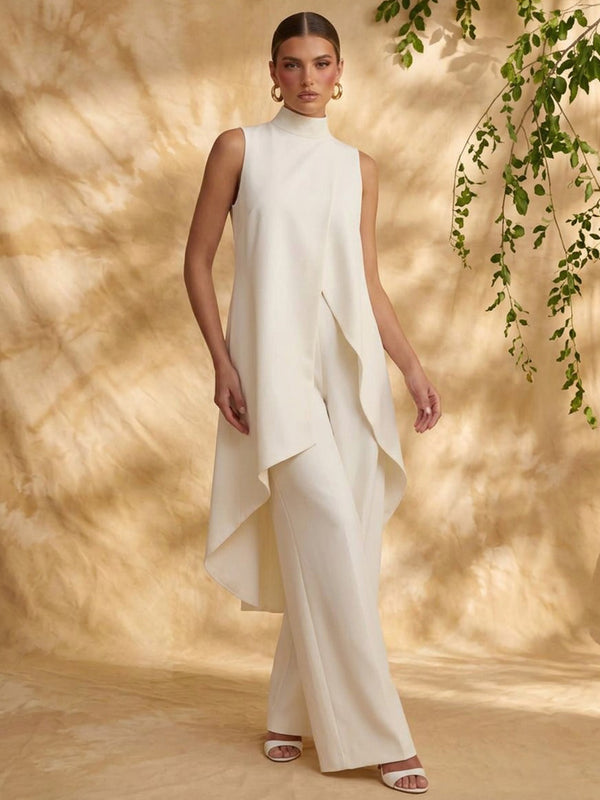 Satin Pantsuit High Neck Long Evening Dresses with Pleated