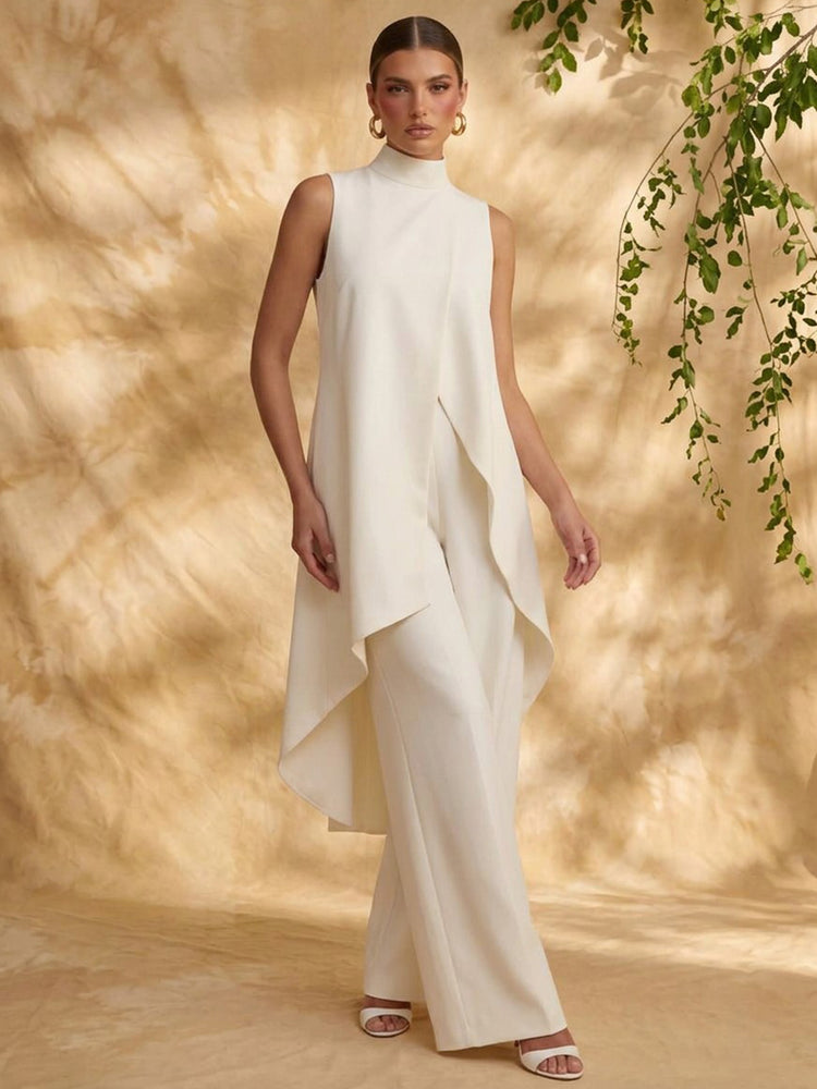 Satin Pantsuit High Neck Long Evening Dresses with Pleated