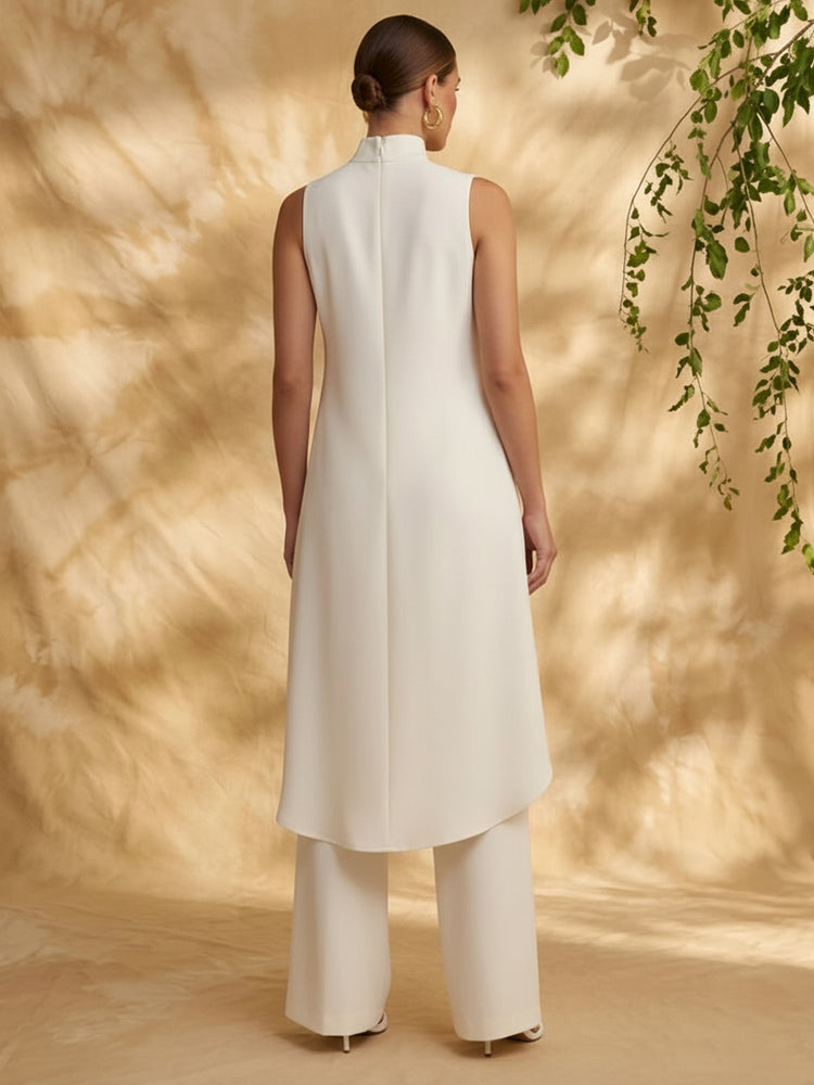 Satin Pantsuit High Neck Long Evening Dresses with Pleated