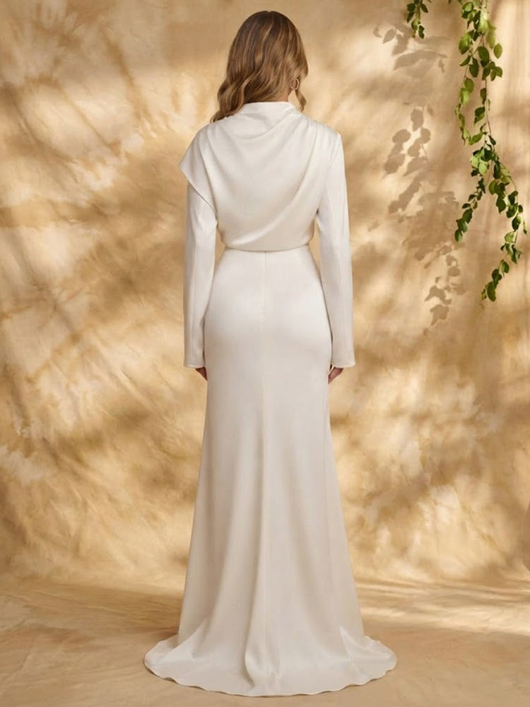 Satin Mermaid High Neck Long Evening Dresses with Slit