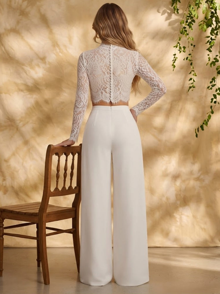 Satin Pantsuit High Neck Long Evening Dresses with Lace Applique