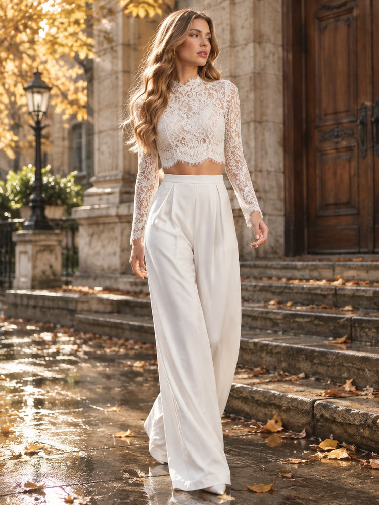 Satin Pantsuit High Neck Long Evening Dresses with Lace Applique