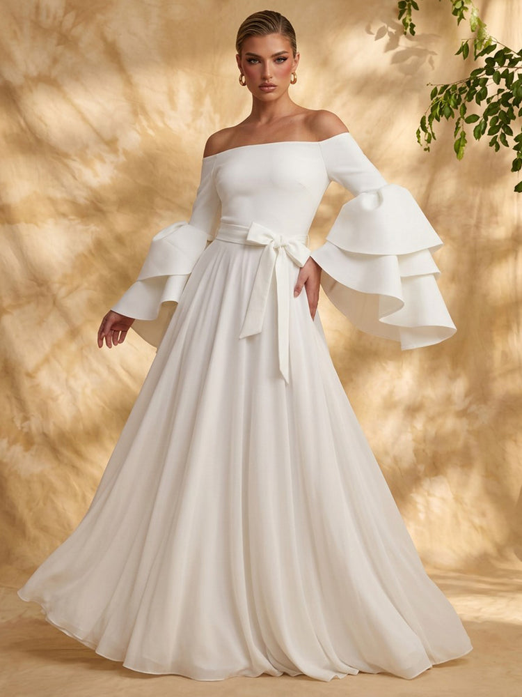Satin A-Line Off the Shoulder Long Evening Dresses with Ruffles