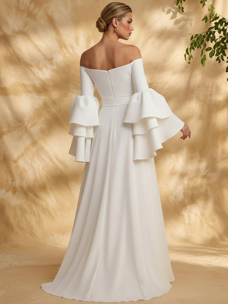 Satin A-Line Off the Shoulder Long Evening Dresses with Ruffles