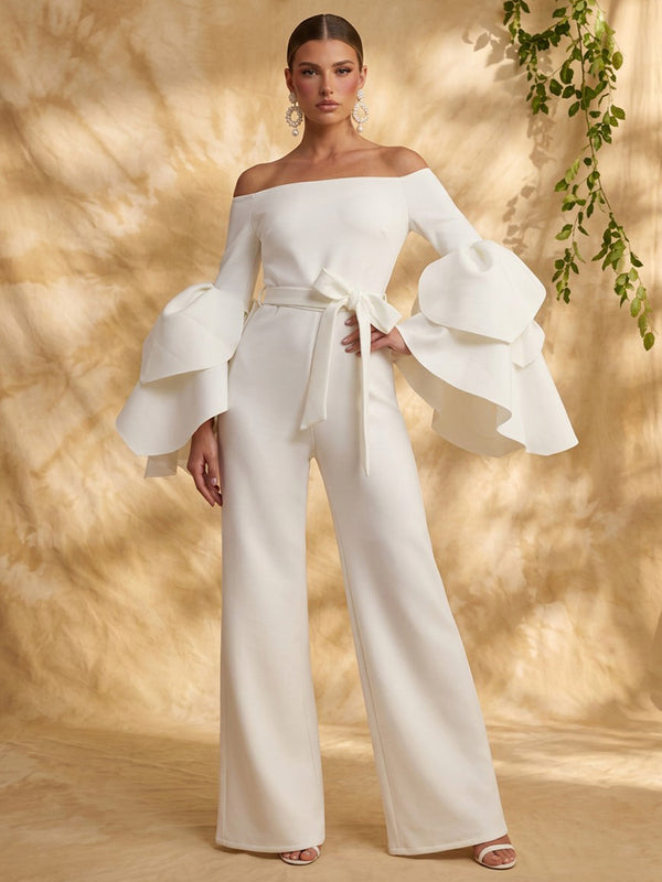 Satin Jumpsuit Off the Shoulder Long Evening Dresses with Ruffles
