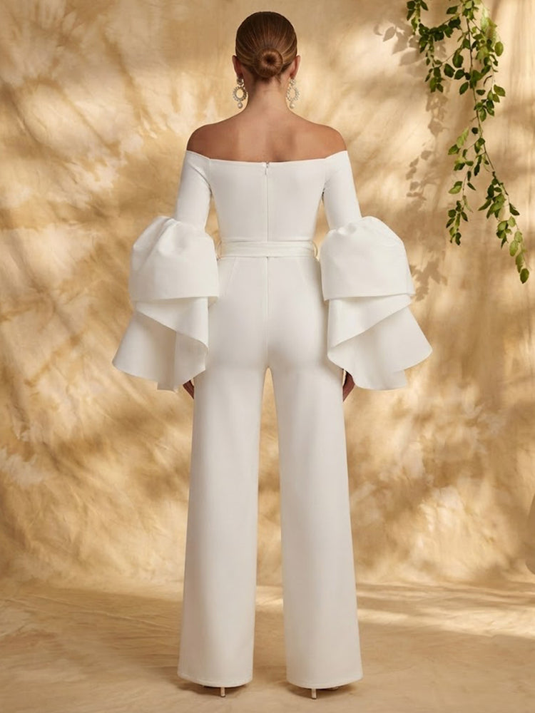 Satin Jumpsuit Off the Shoulder Long Evening Dresses with Ruffles
