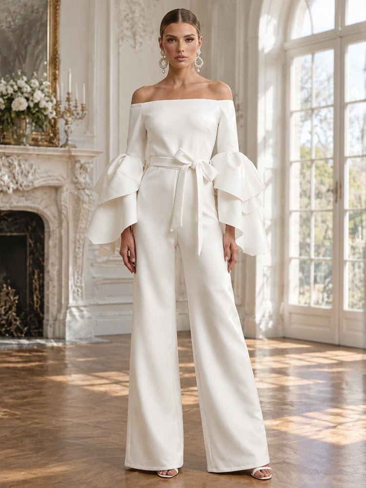 Satin Jumpsuit Off the Shoulder Long Evening Dresses with Ruffles