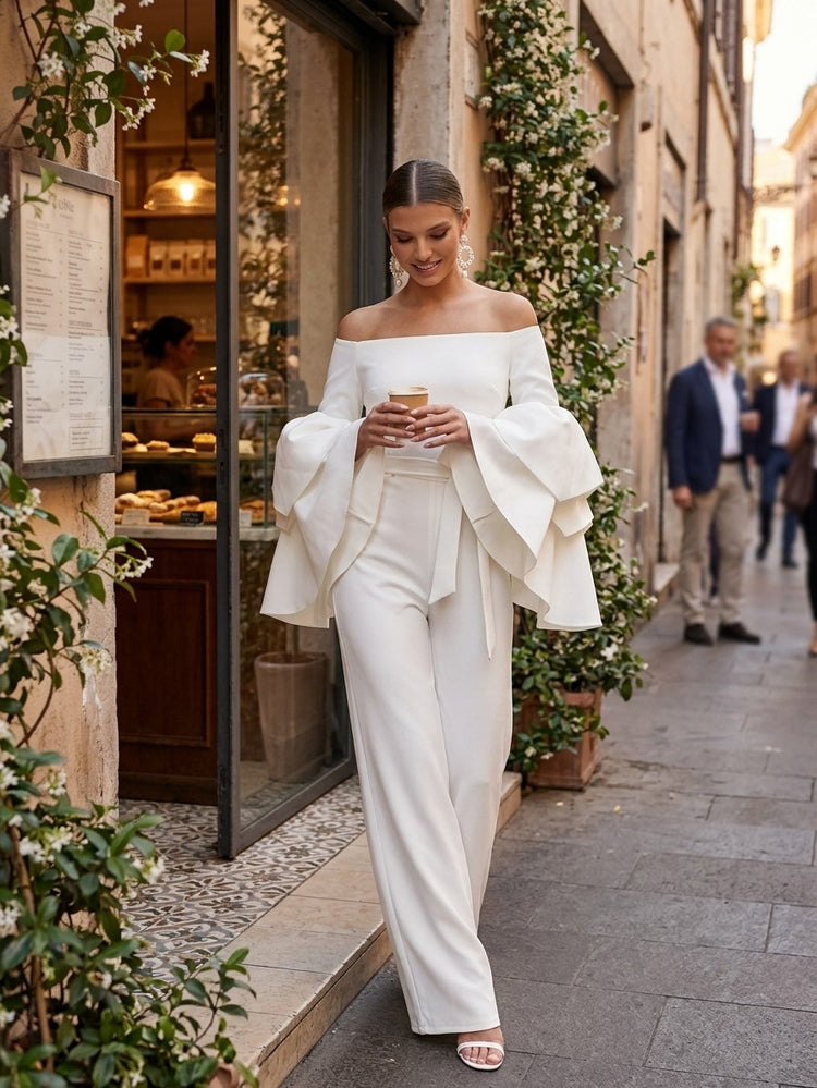 Satin Jumpsuit Off the Shoulder Long Evening Dresses with Ruffles