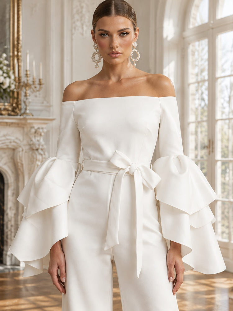 Satin Jumpsuit Off the Shoulder Long Evening Dresses with Ruffles