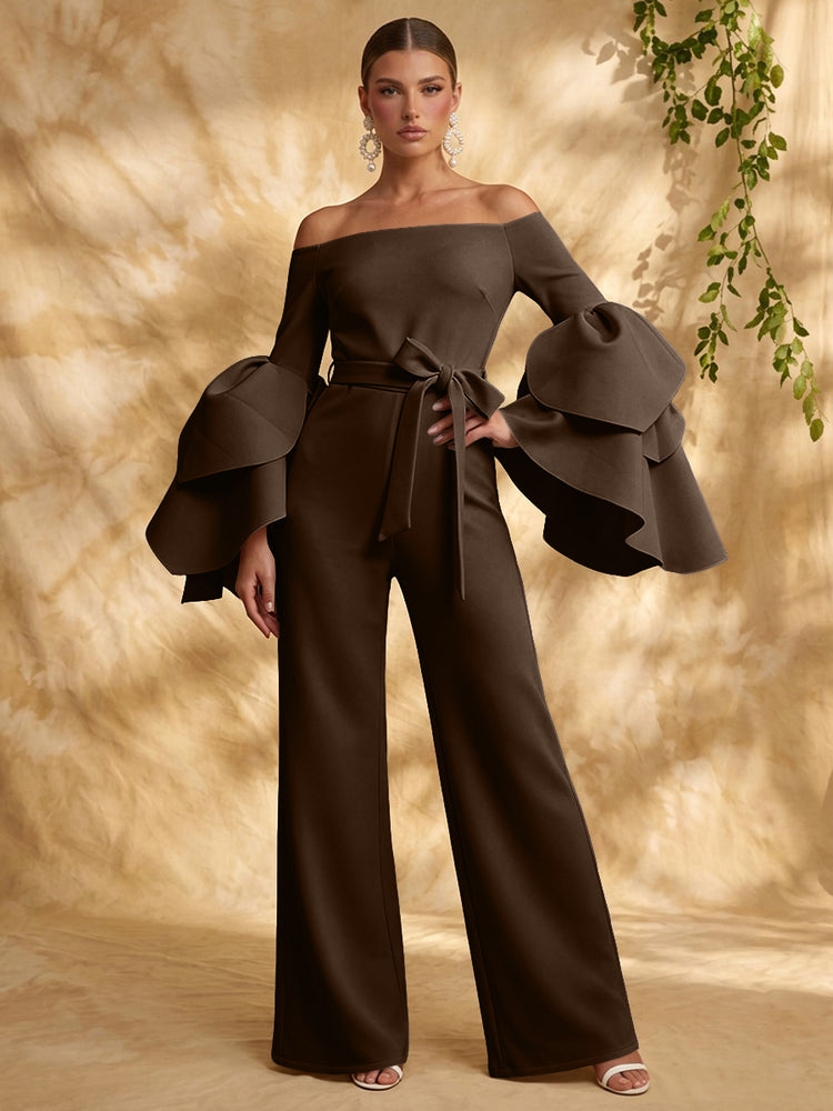 Satin Jumpsuit Off the Shoulder Long Evening Dresses with Ruffles