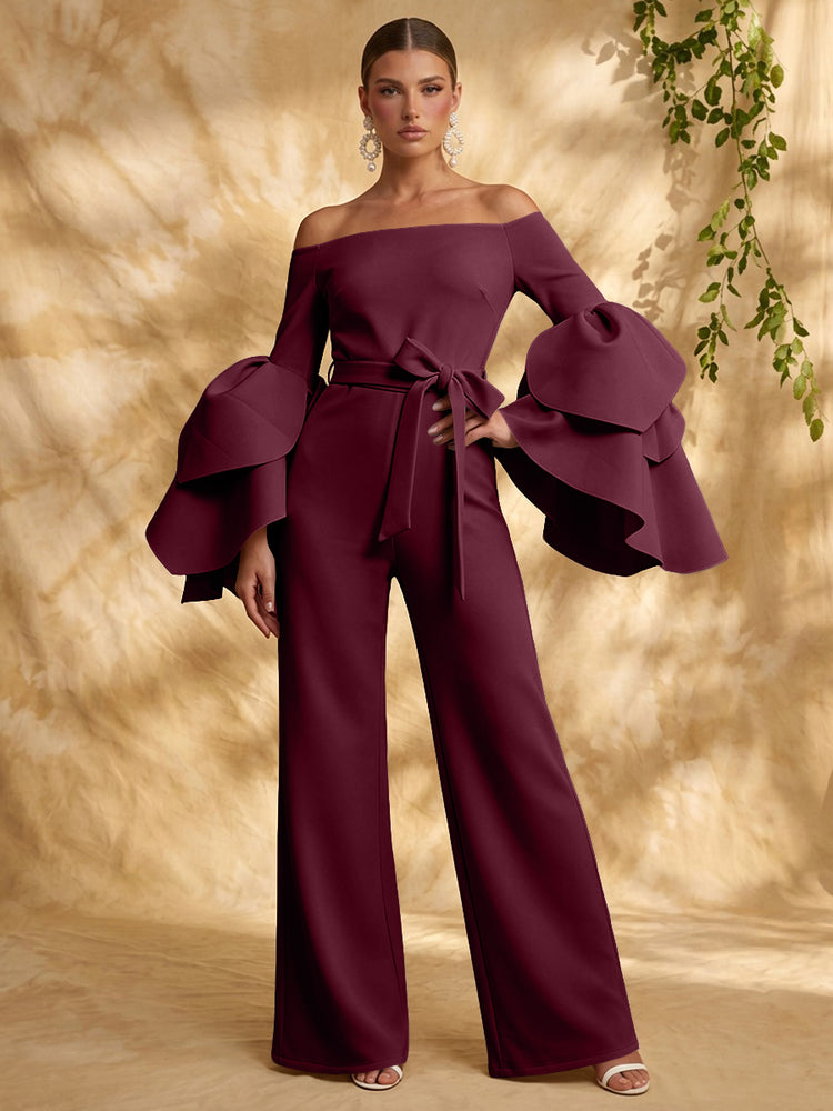 Satin Jumpsuit Off the Shoulder Long Evening Dresses with Ruffles