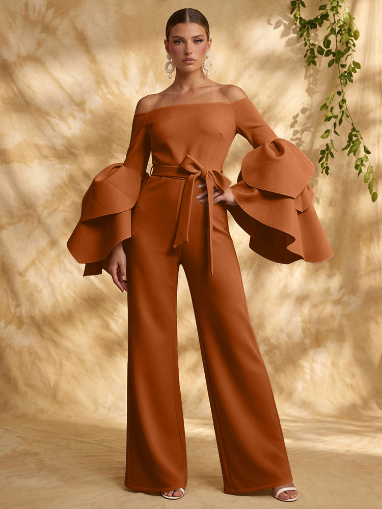 Satin Jumpsuit Off the Shoulder Long Evening Dresses with Ruffles