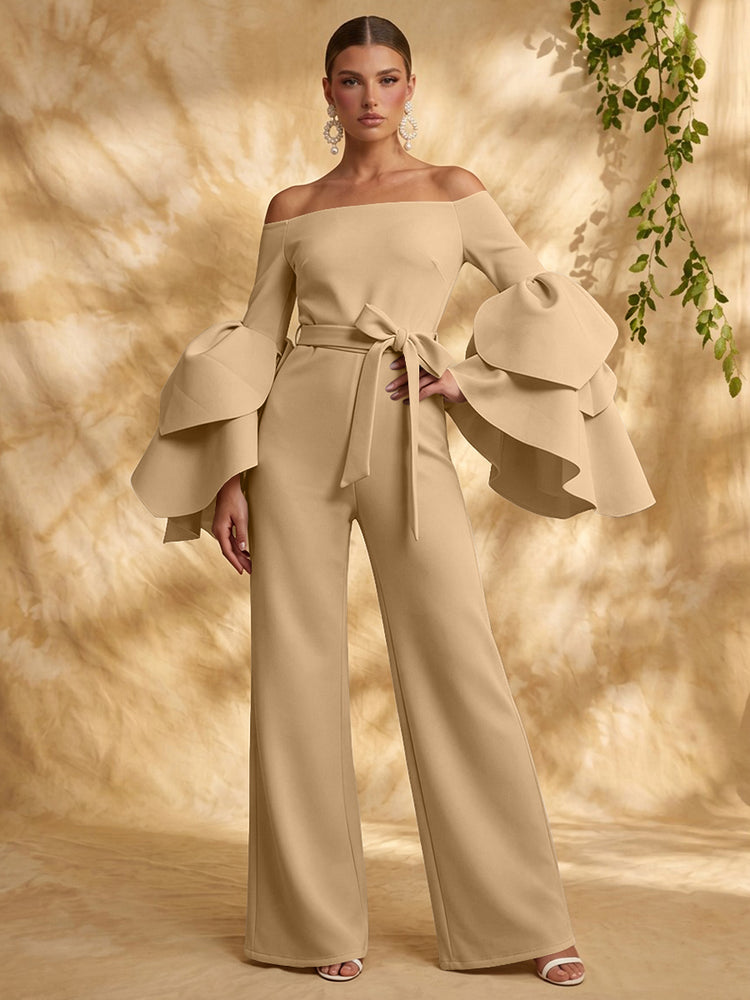 Satin Jumpsuit Off the Shoulder Long Evening Dresses with Ruffles