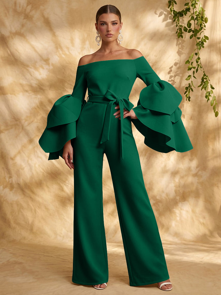 Satin Jumpsuit Off the Shoulder Long Evening Dresses with Ruffles