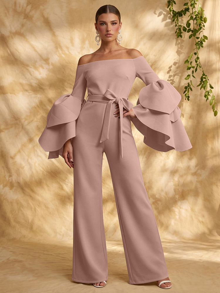 Satin Jumpsuit Off the Shoulder Long Evening Dresses with Ruffles