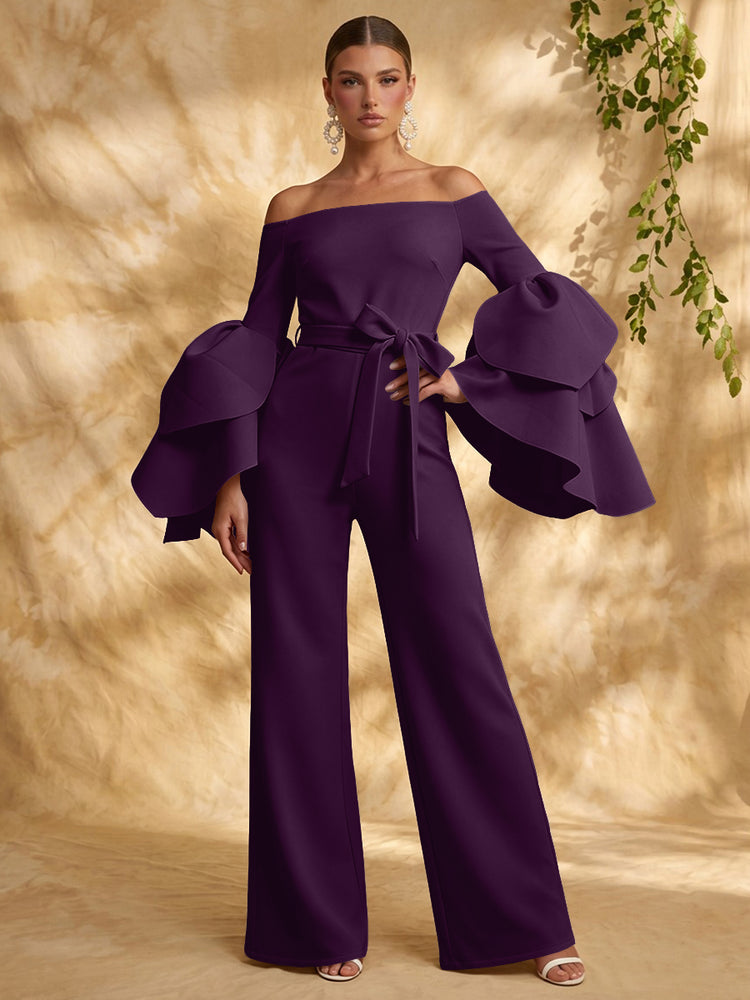 Satin Jumpsuit Off the Shoulder Long Evening Dresses with Ruffles