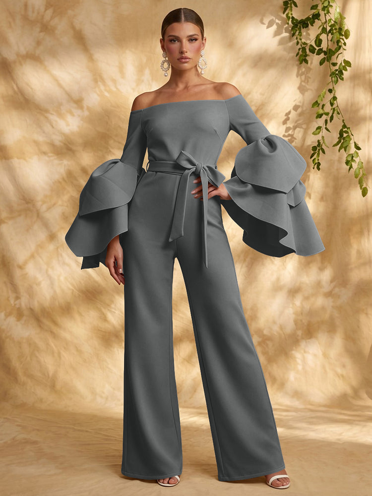 Satin Jumpsuit Off the Shoulder Long Evening Dresses with Ruffles