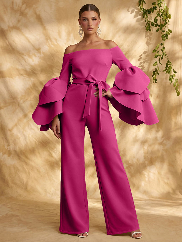 Satin Jumpsuit Off the Shoulder Long Evening Dresses with Ruffles