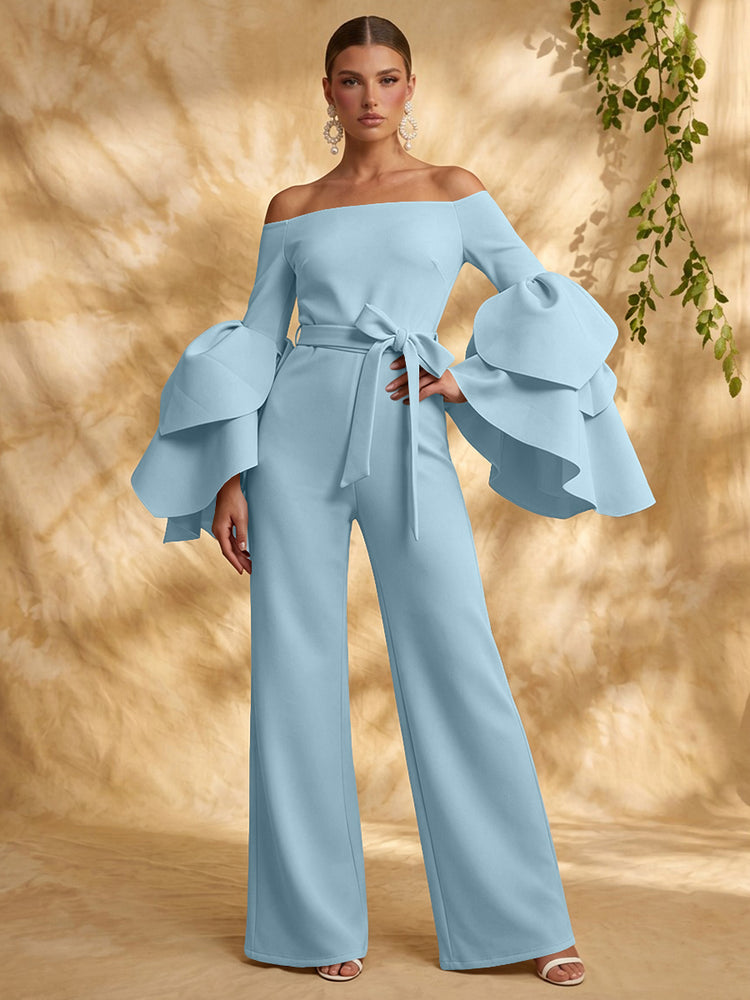 Satin Jumpsuit Off the Shoulder Long Evening Dresses with Ruffles