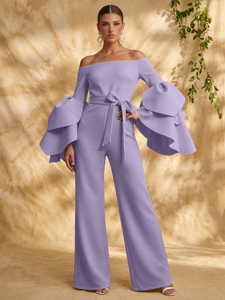Satin Jumpsuit Off the Shoulder Long Evening Dresses with Ruffles