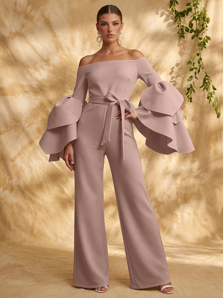 Satin Jumpsuit Off the Shoulder Long Evening Dresses with Ruffles