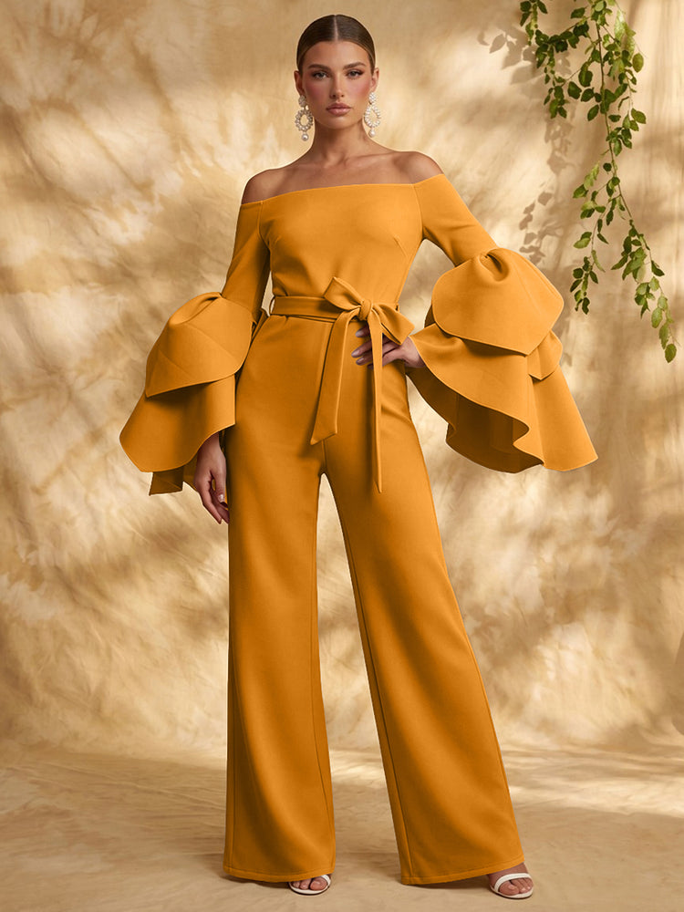 Satin Jumpsuit Off the Shoulder Long Evening Dresses with Ruffles