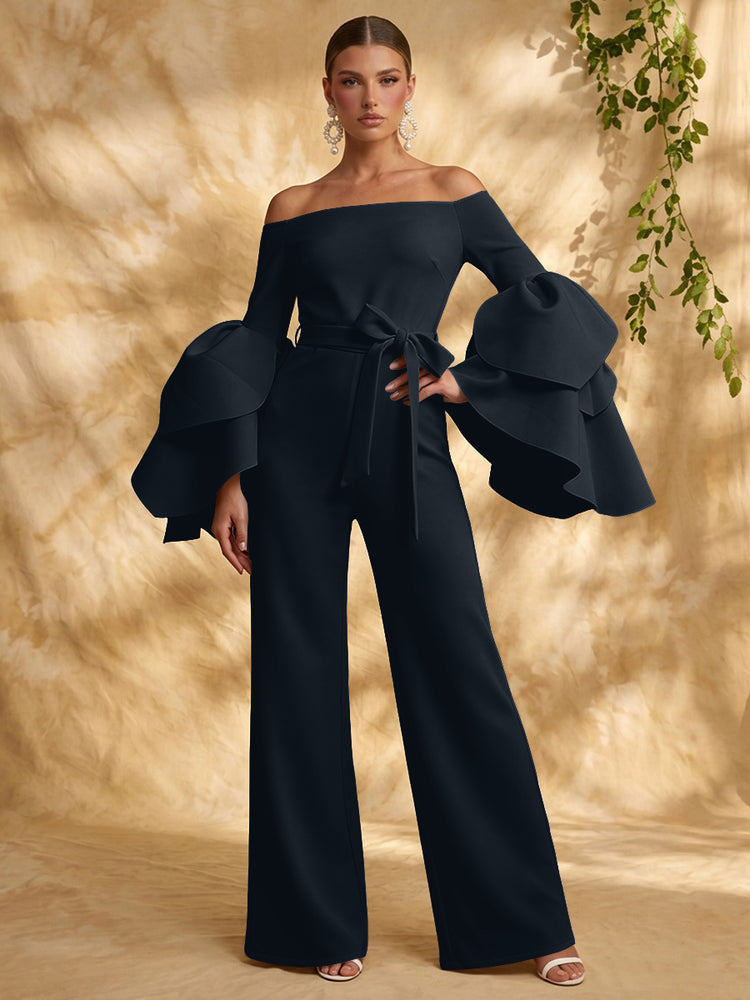 Satin Jumpsuit Off the Shoulder Long Evening Dresses with Ruffles