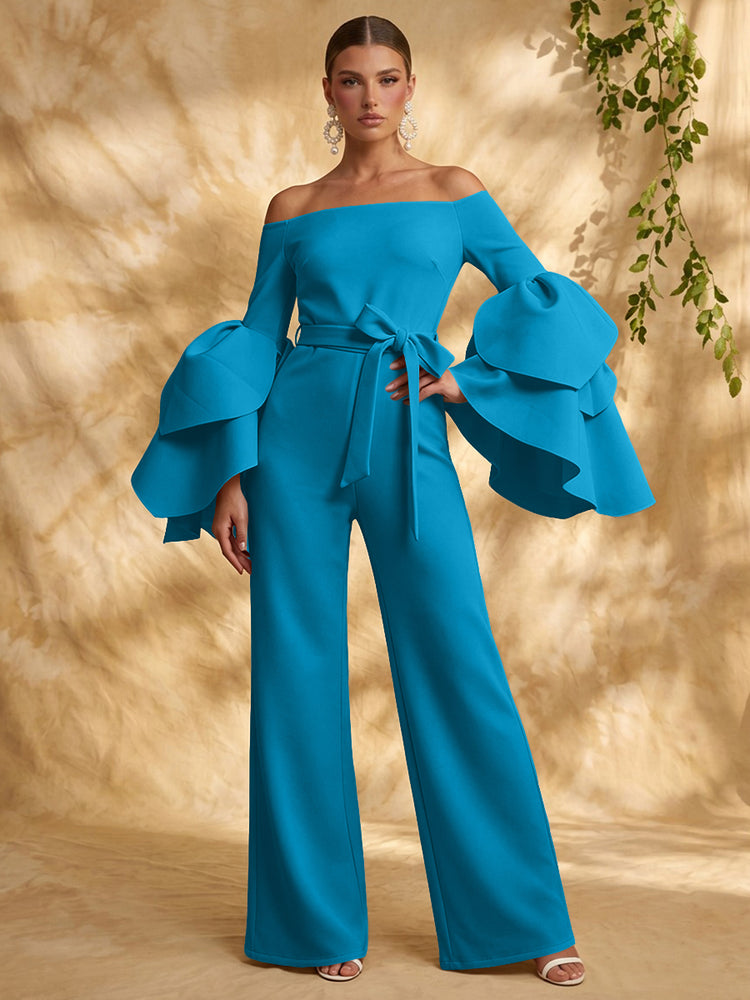 Satin Jumpsuit Off the Shoulder Long Evening Dresses with Ruffles