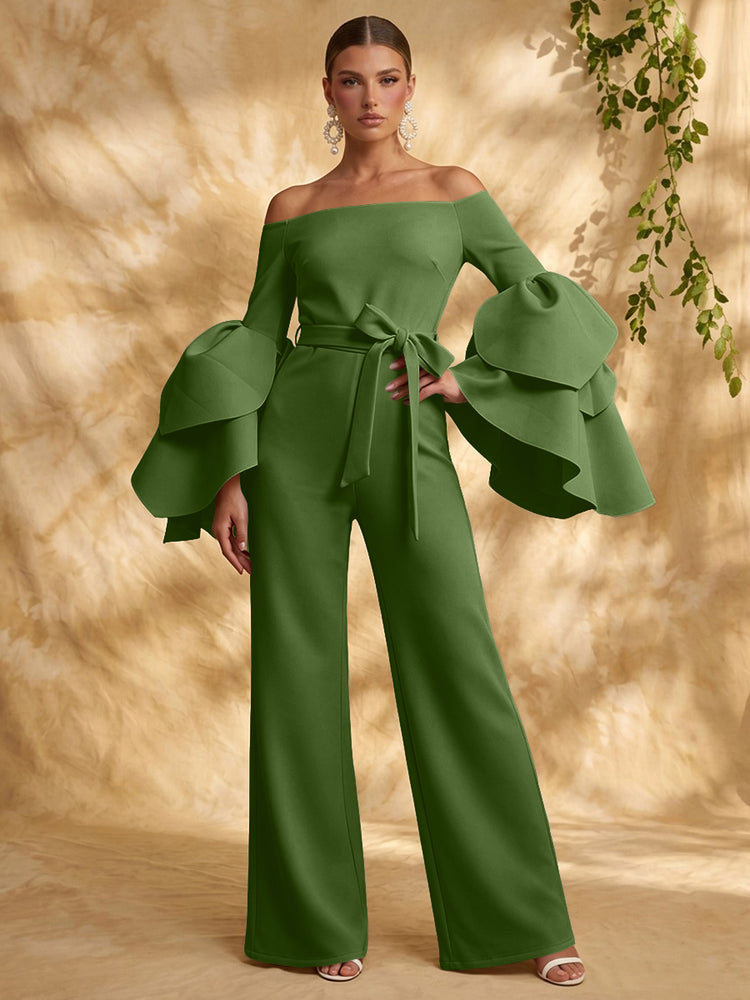 Satin Jumpsuit Off the Shoulder Long Evening Dresses with Ruffles