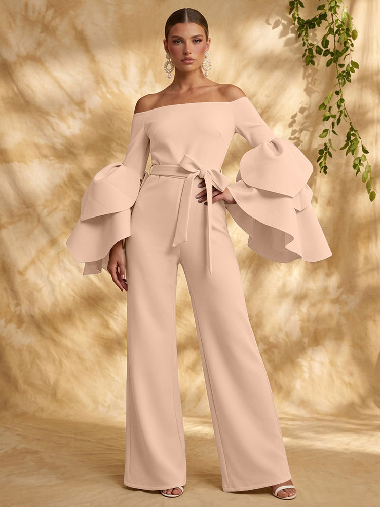 Satin Jumpsuit Off the Shoulder Long Evening Dresses with Ruffles