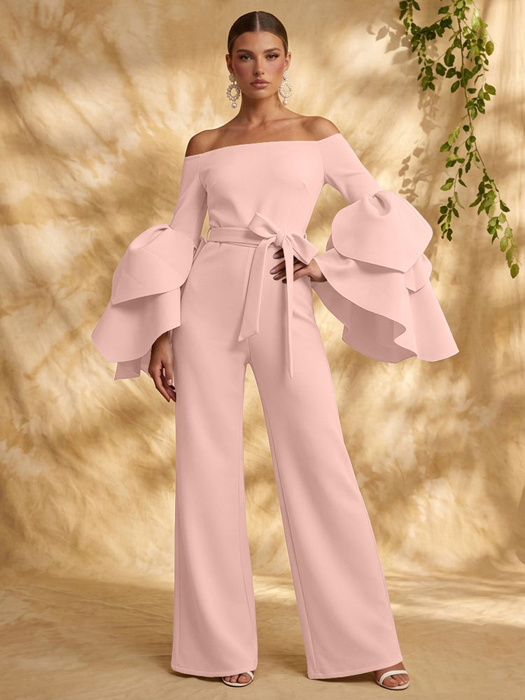 Satin Jumpsuit Off the Shoulder Long Evening Dresses with Ruffles