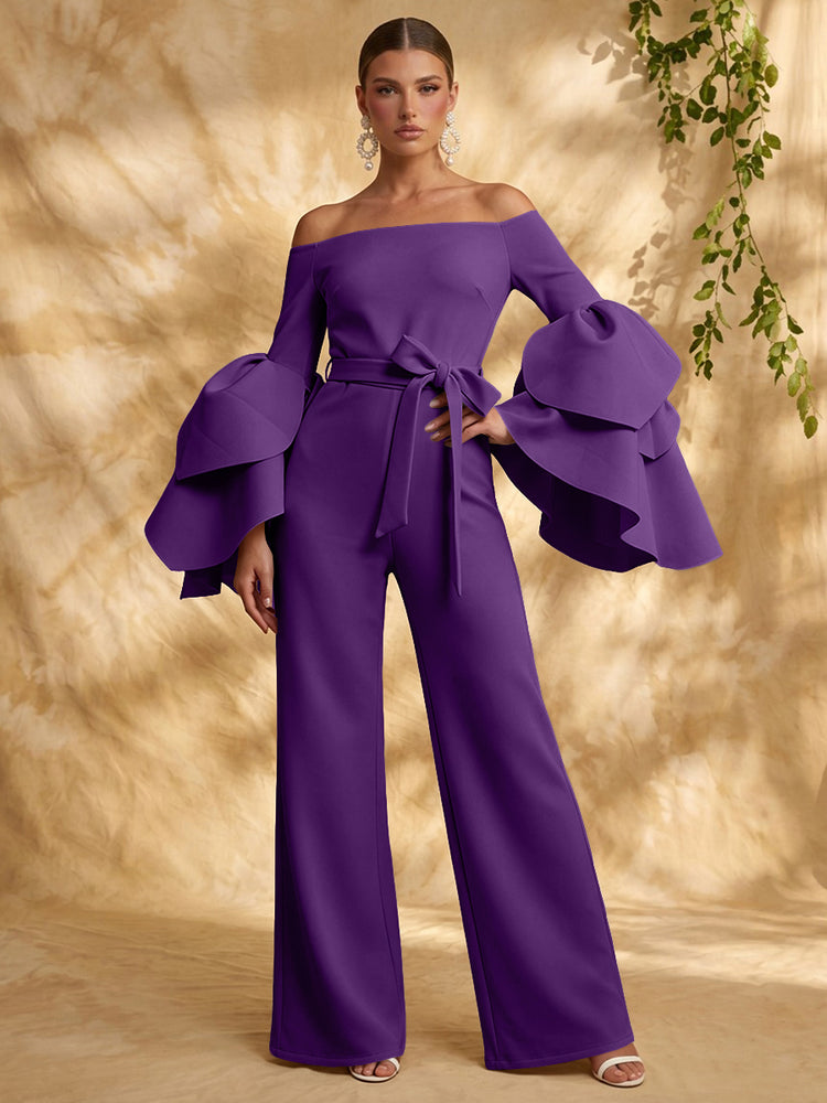 Satin Jumpsuit Off the Shoulder Long Evening Dresses with Ruffles