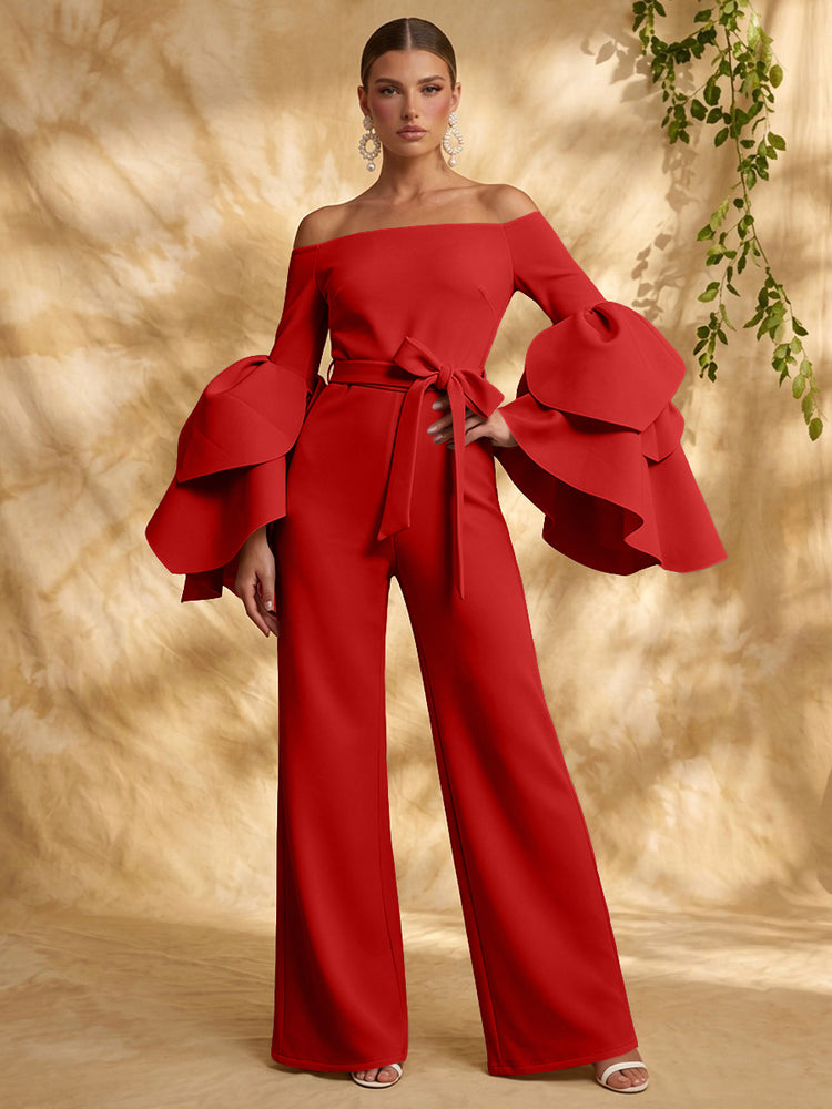 Satin Jumpsuit Off the Shoulder Long Evening Dresses with Ruffles