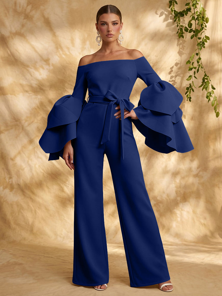 Satin Jumpsuit Off the Shoulder Long Evening Dresses with Ruffles