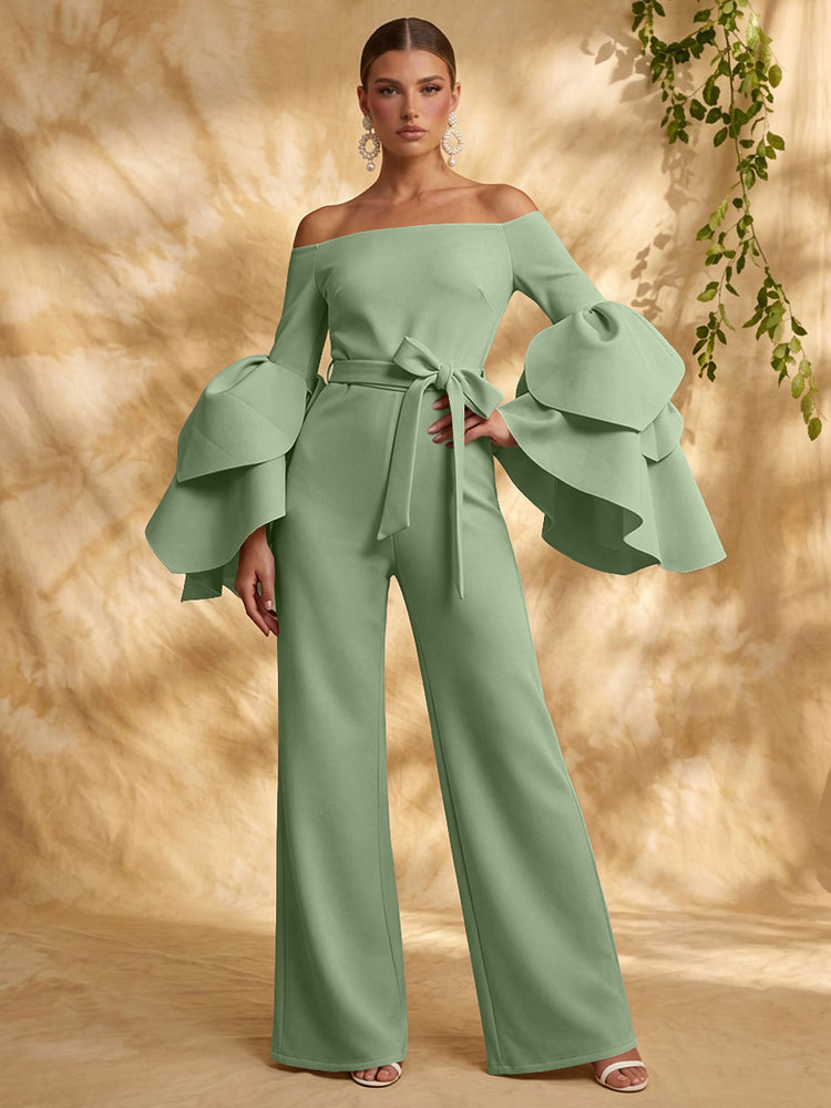 Satin Jumpsuit Off the Shoulder Long Evening Dresses with Ruffles