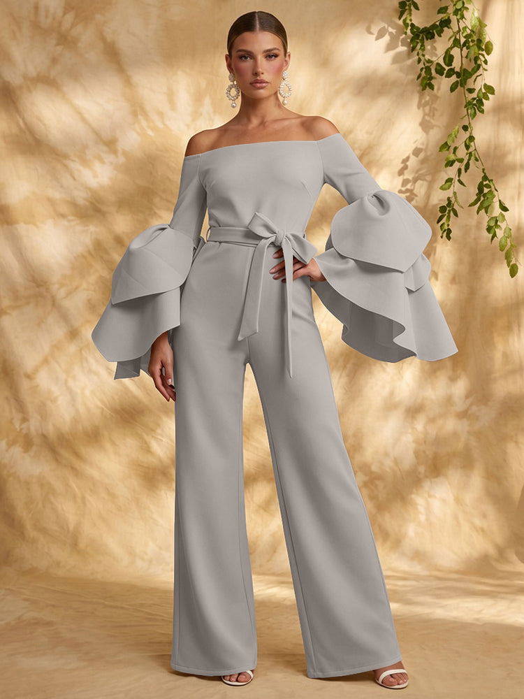Satin Jumpsuit Off the Shoulder Long Evening Dresses with Ruffles