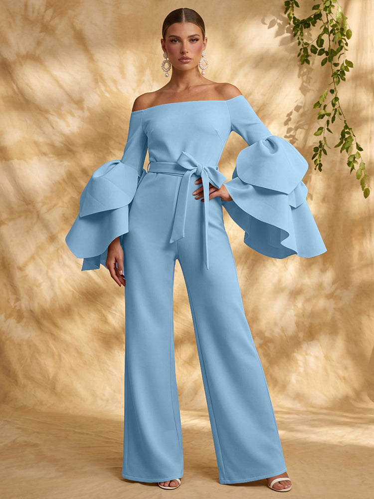 Satin Jumpsuit Off the Shoulder Long Evening Dresses with Ruffles