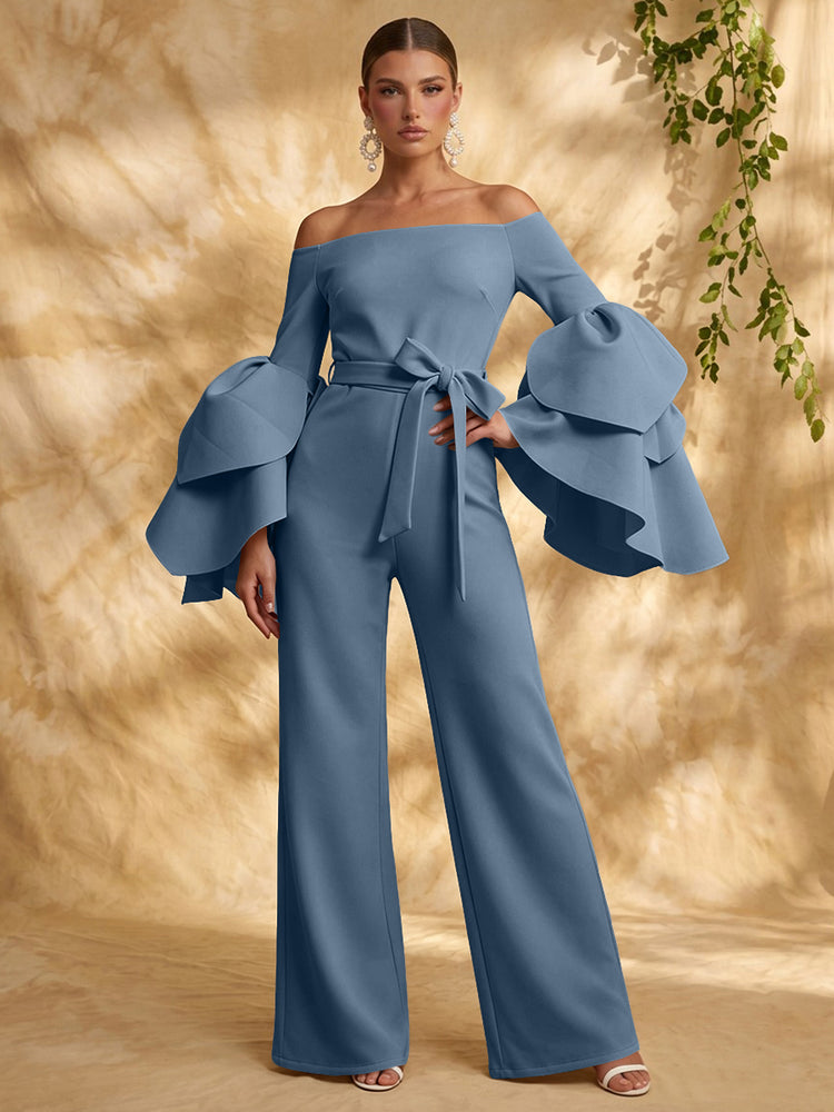 Satin Jumpsuit Off the Shoulder Long Evening Dresses with Ruffles