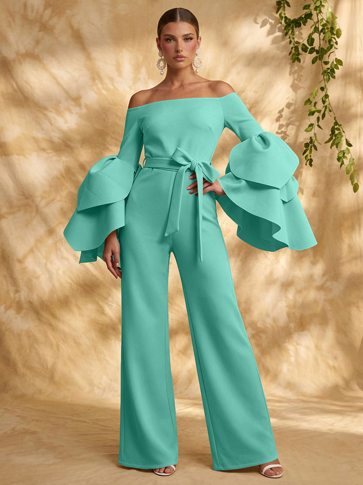 Satin Jumpsuit Off the Shoulder Long Evening Dresses with Ruffles