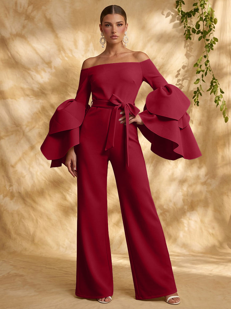 Satin Jumpsuit Off the Shoulder Long Evening Dresses with Ruffles