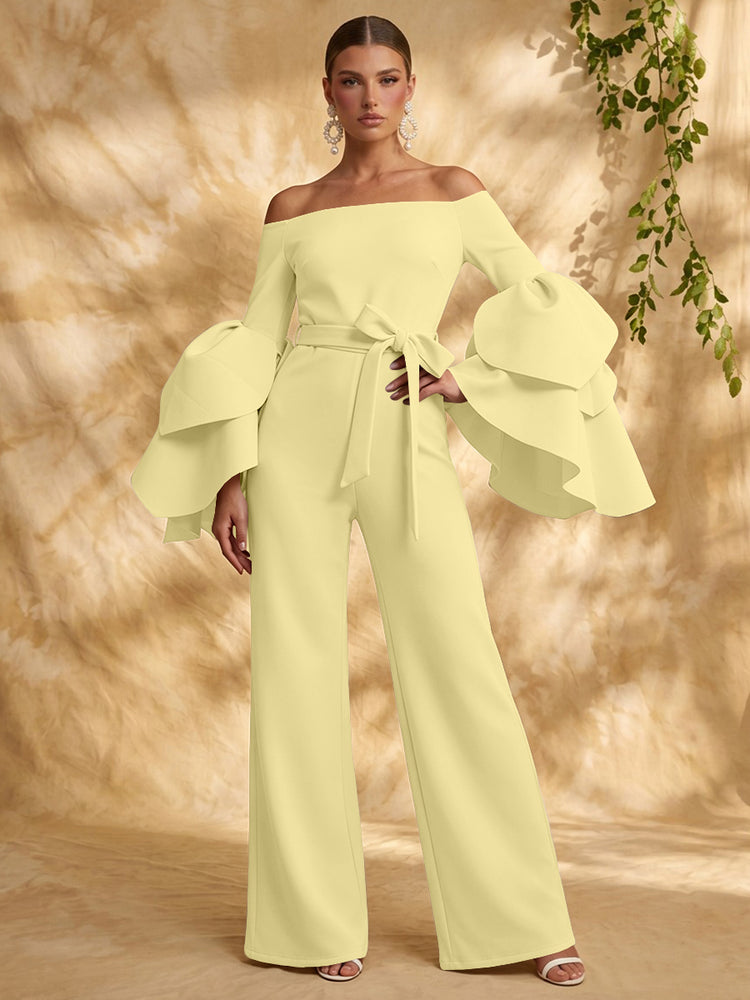 Satin Jumpsuit Off the Shoulder Long Evening Dresses with Ruffles
